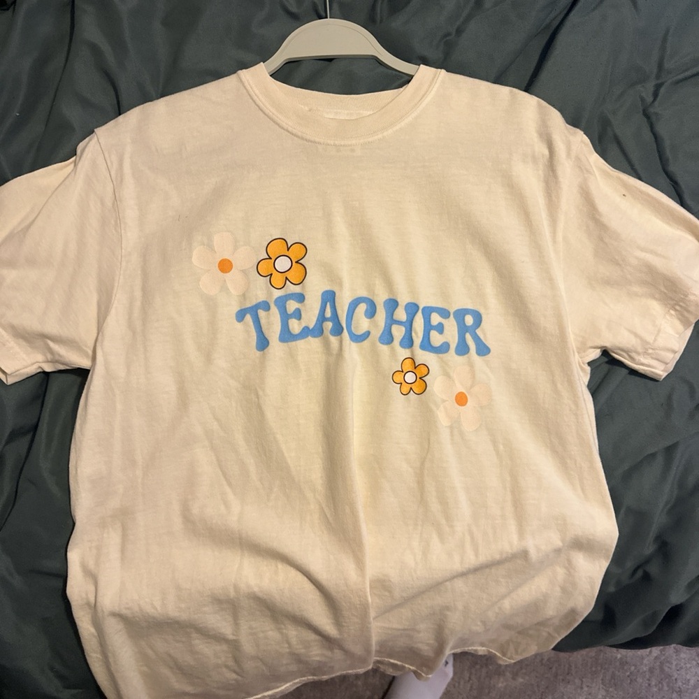 Comfort Colors Cream Tee with Blue 'Teacher' Print